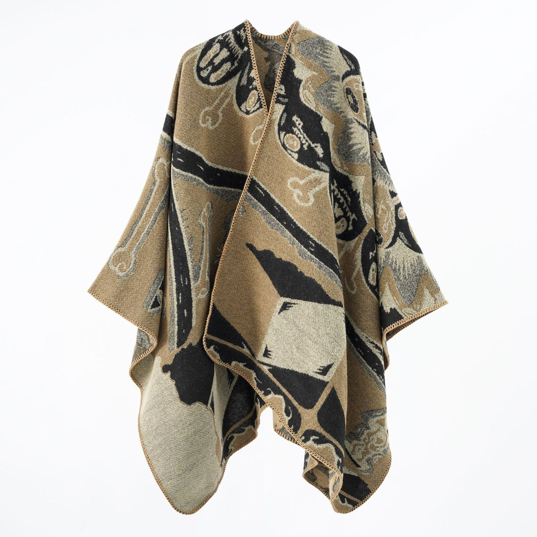 Damen Statement-Capeponcho aus jacquardgewebtem Wollmix mit Skull- und Knochenmuster Echo Archiv