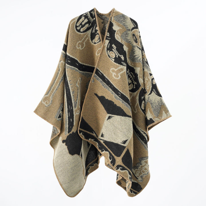Damen Statement-Capeponcho aus jacquardgewebtem Wollmix mit Skull- und Knochenmuster Echo Archiv