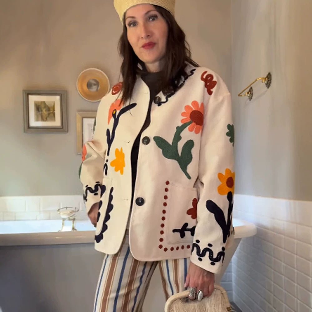 Damen bestickte Boxy-Jacke mit floraler Applikation und aufgesetzten Taschen Echoarchiv