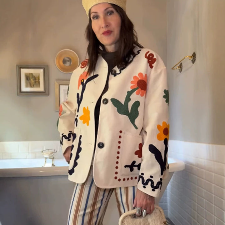 Damen bestickte Boxy-Jacke mit floraler Applikation und aufgesetzten Taschen Echoarchiv
