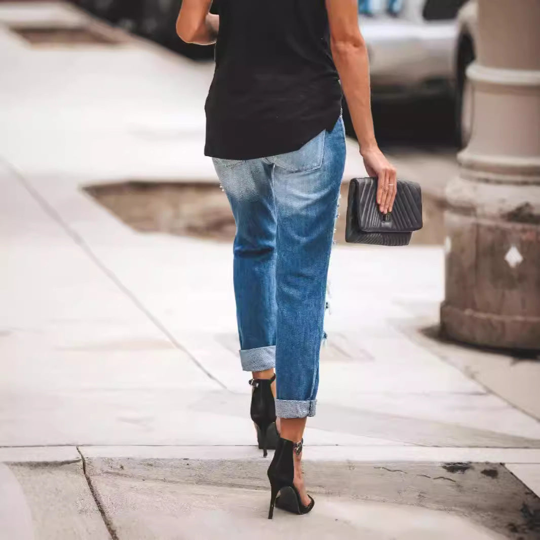 Damen Destroyed Boyfriend Jeans im lässigen Stil mit hohen Rissdetails Echo Archiv