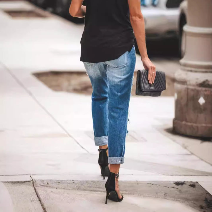 Damen Destroyed Boyfriend Jeans im lässigen Stil mit hohen Rissdetails Echo Archiv