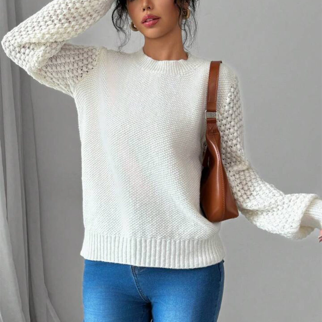 Damen Strukturiertes Grobstrick-Pullover mit Ajour-Ärmeln und geripptem Saum – Mavelle