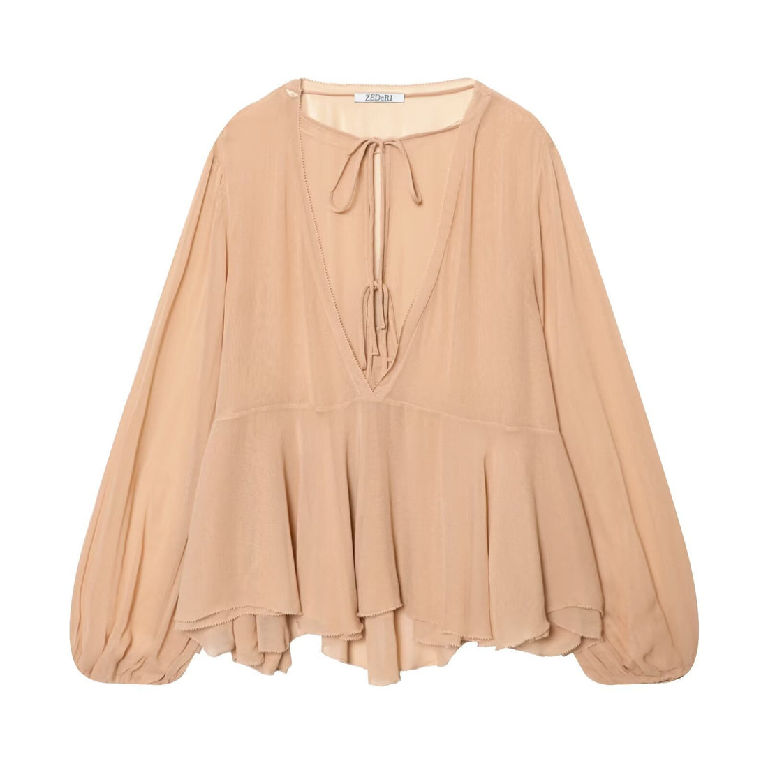 Damen Luftige Chiffon-Bluse mit tiefem V‑Ausschnitt, Bindebändern, Volantstufen und Ballonärmeln Echo Archiv
