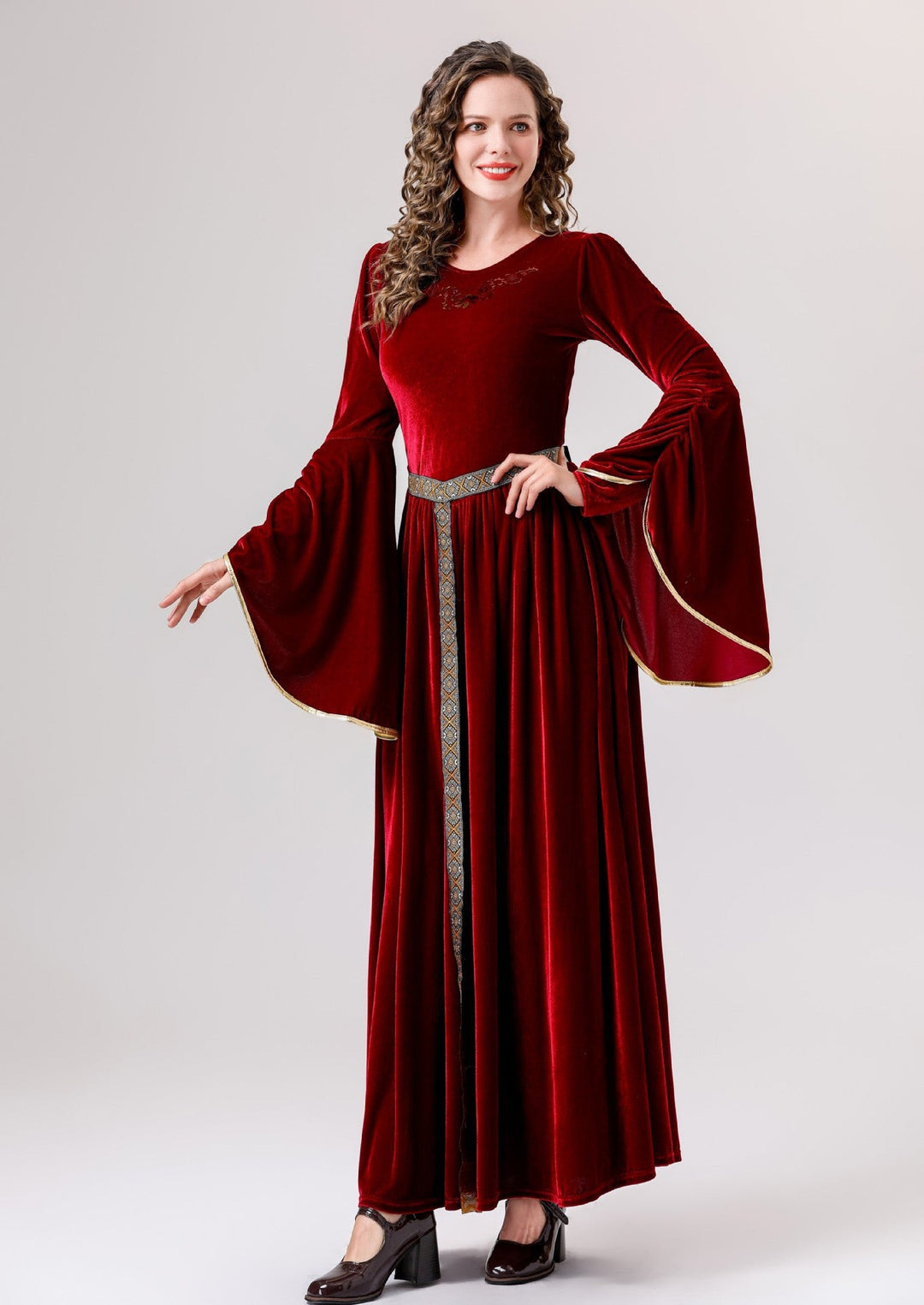 Damen elegantes Samtkleid mit Weitem Ärmel und Ziergürtel – Élara