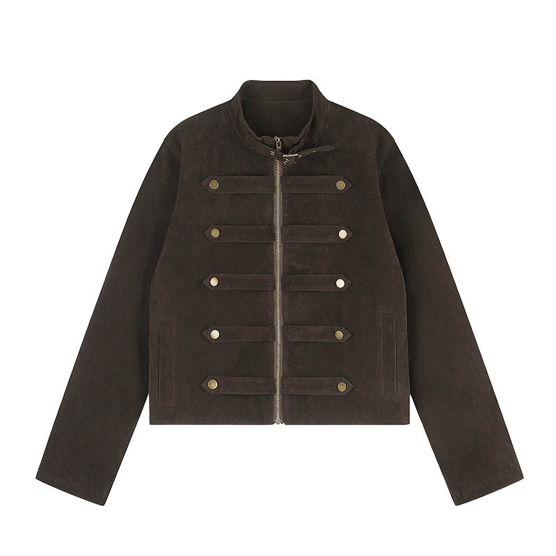 Damen Kurzjacke aus Veloursleder im militärischen Stil mit Stehkragen und Zierriegeln Echoarchiv