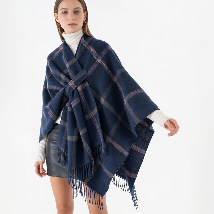 Damen Oversize-Capeponcho aus Wollmix mit Bindegürtel, Fransen und großem Karomuster Echo Archiv