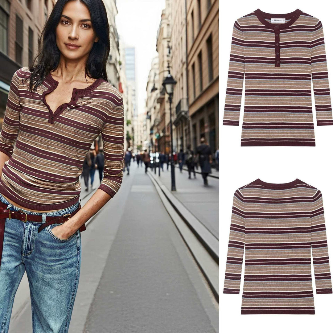 Damen Rippstrick-Longsleeve mit Henley-Knopfleiste und feinem Streifenmuster Echo Archiv