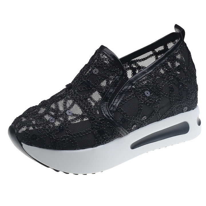 Damen Elegante Keil-Slipper mit transparentem Mesh, Paillettenstickerei und dämpfender Plateau-Sohle – Lioré