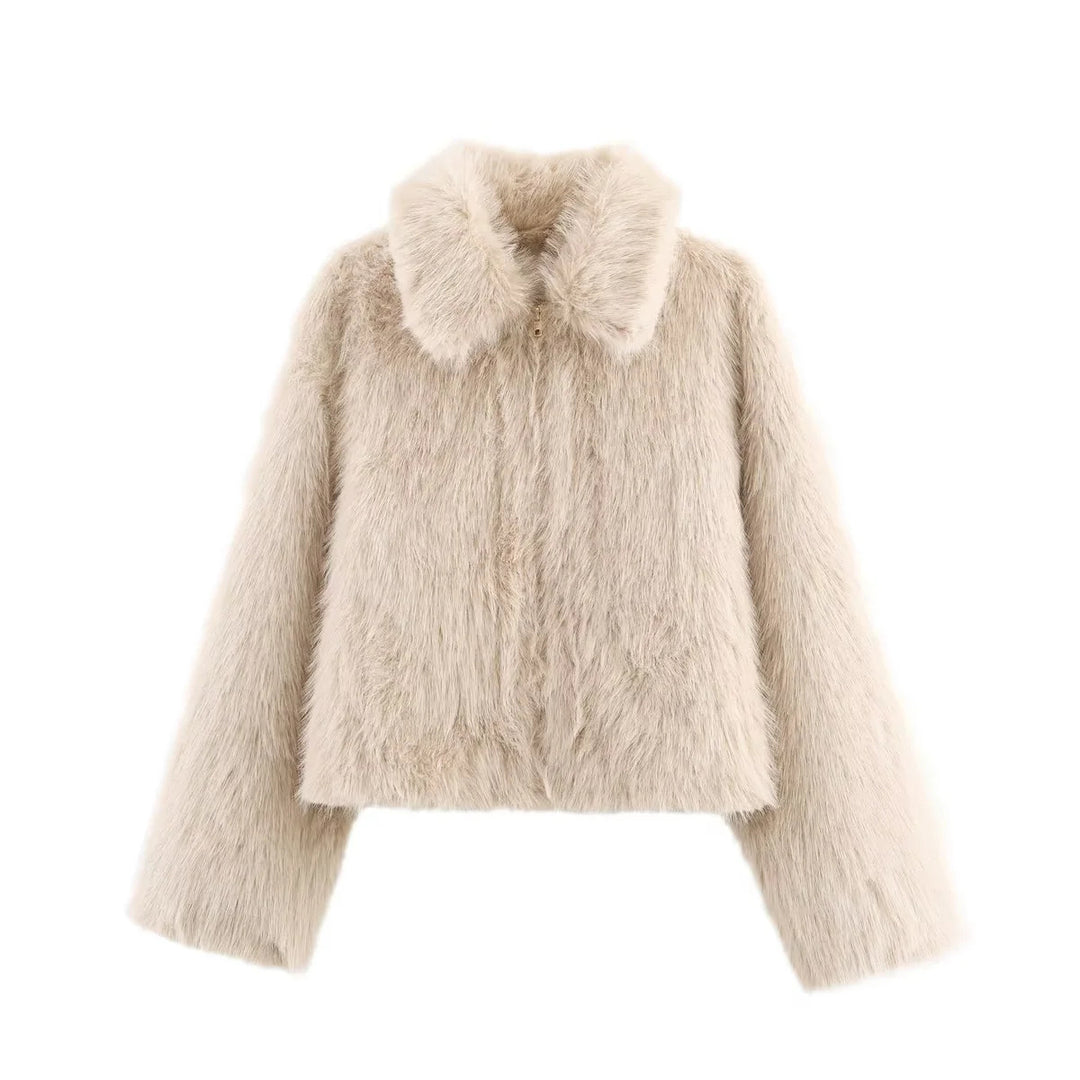 Damen kurzer Kunstfellblouson im Cropped-Schnitt mit voluminösem Umlegekragen – Célinea