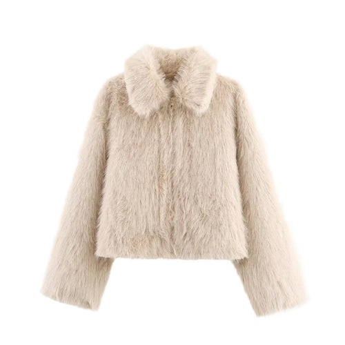 Damen kurzer Kunstfellblouson im Cropped-Schnitt mit voluminösem Umlegekragen – Célinea