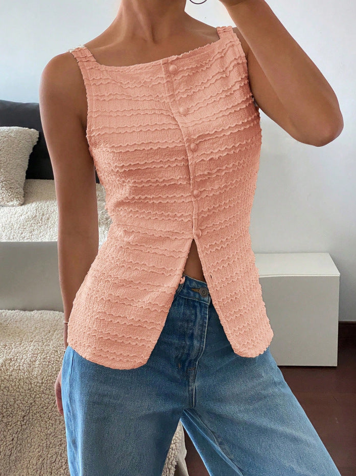 Damen Ärmelloses Struktur-Top mit Zierknopfleiste und Vorder‑Schlitz Echo Archiv