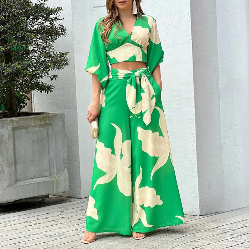 Damen Zwei-Teiler Sommer Set mit Wickel-Crop-Top und Hochtaillierten Palazzo-Hosen EB – Élanora