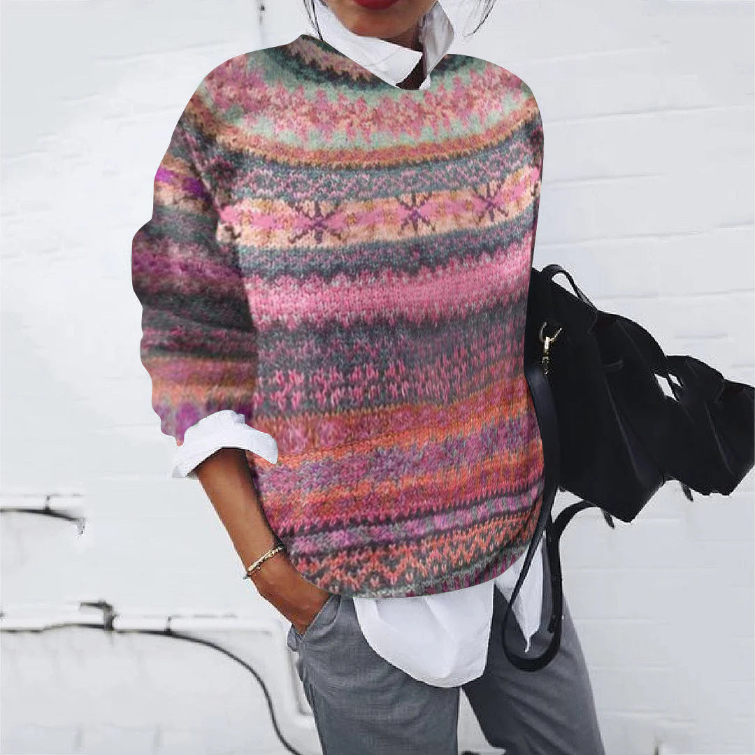 Damen lockerer Fair Isle Strickpullover mit Rundhalsausschnitt – Mavelle