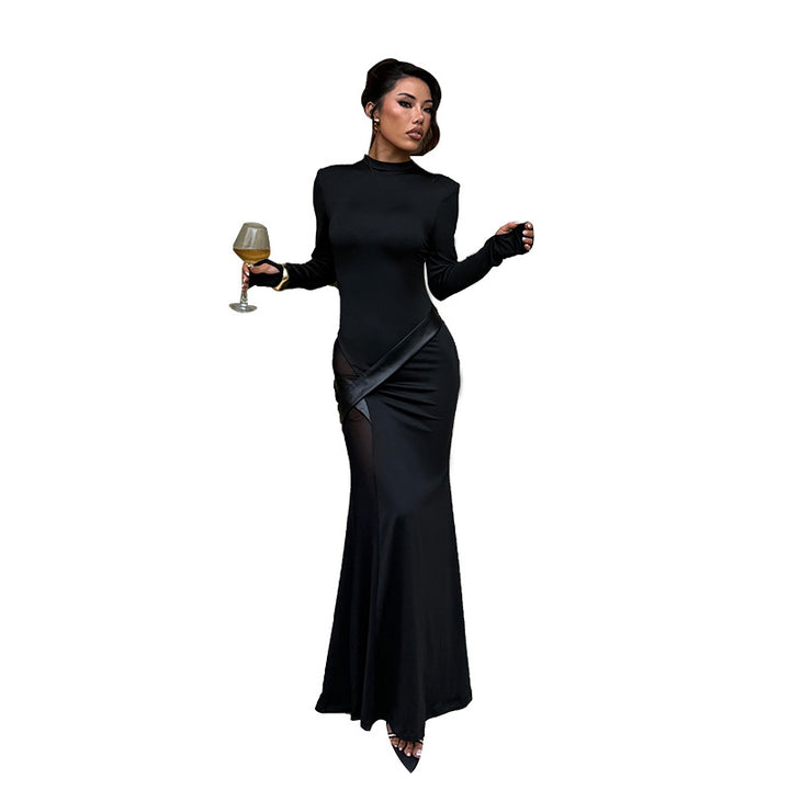 Damen figurbetontes Abend-Maxikleid mit langen Ärmeln und Satin-Detail – Avérine