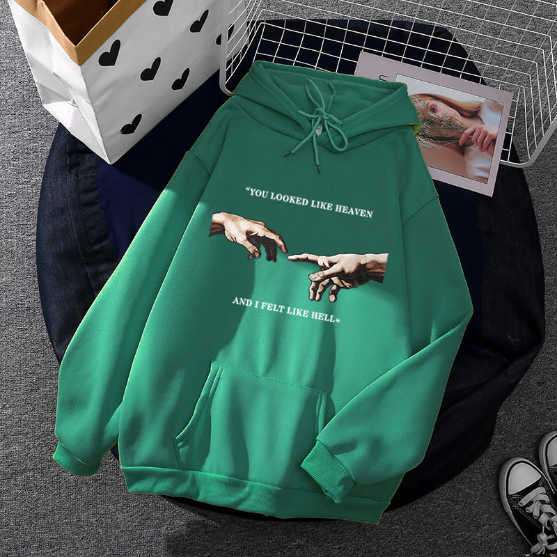 Damen Oversize Kapuzenpullover mit Kängurutasche und Renaissance‑Handmotiv, weiches Fleece Innenfutter – Auréline