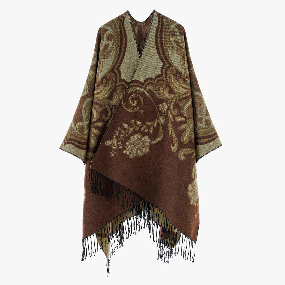 Damen Barock‑Jacquard Cape mit asymmetrischem Zipfelsaum und Fransen – Avérine