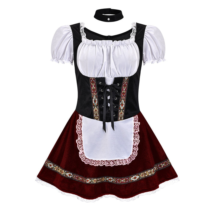 Damen nan kurzes Trachtenkleid mit Carmen-Ausschnitt, geschnürtem Mieder und bestickter Schürze Echo Archiv