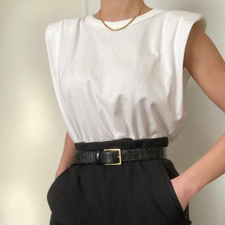 Damen Modisches Basic T-Shirt mit Schulterpolstern Echo Archiv