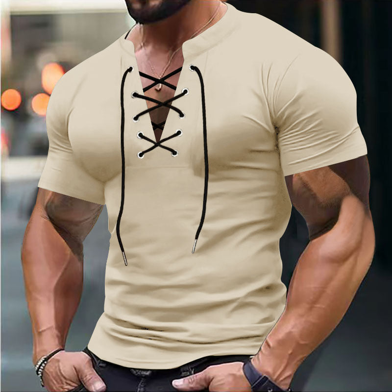 Herren Kurzarm-Henley-Shirt mit modischem Schnürdesign und körperbetonter Passform Echoarchiv