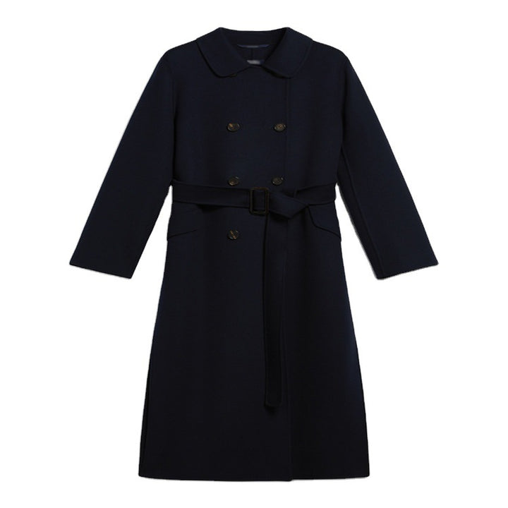 Damen Longcoat im minimalistischen Mantelkleid‑Look mit verdeckter Doppelreihe und Stoffgürtel Echoarchiv