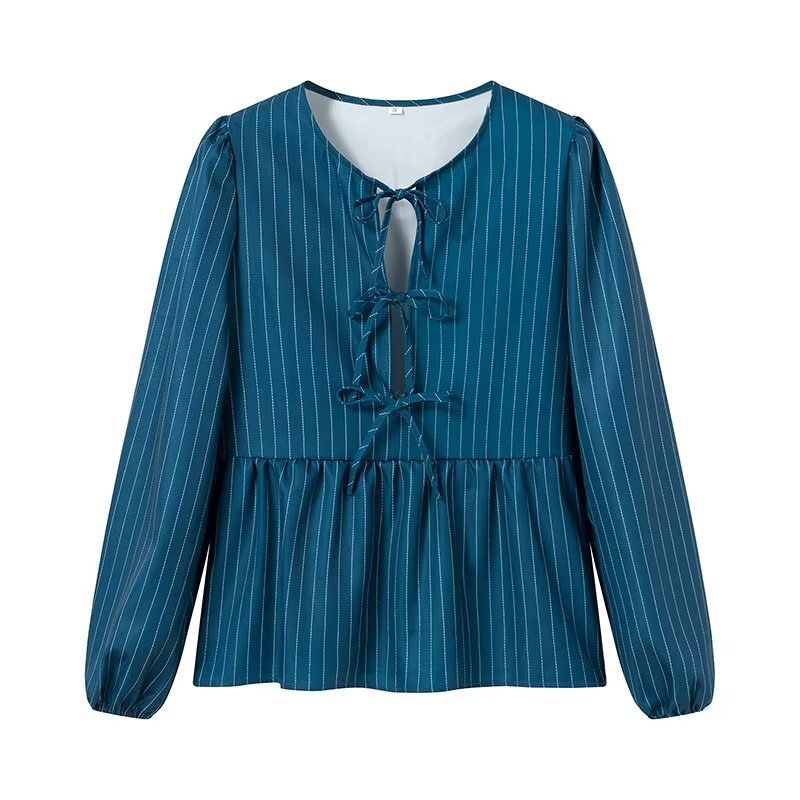 Damen Gestreifte Peplum‑Bluse mit vorderer Schnürung und langen Ballonärmeln Echo Archiv
