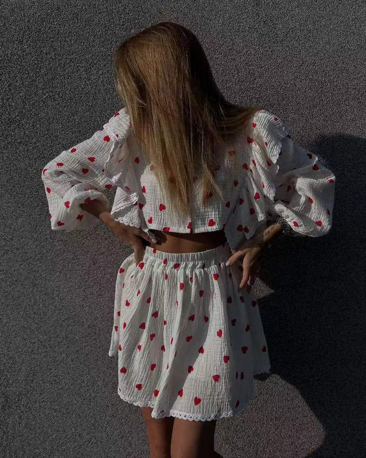 Damen Zweiteiliges Set mit herzförmigem Muster und luftiger Bluse Echo Archiv