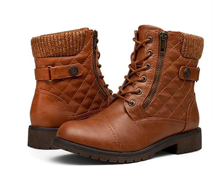 Damen Combat-Boots mit gesteppter Knöchelmanschette, Strickkragen und seitlichem Reißverschluss Echo Archiv