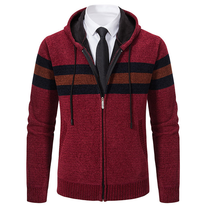 Herren Gestrickte Kapuzen-Strickjacke mit Kontraststreifen und Reißverschluss Echo Archiv