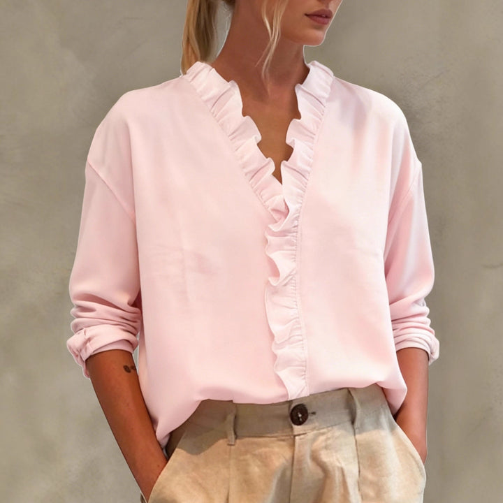 Damen Elegante V-Ausschnitt Bluse mit Volantbesatz und lockerem Oversize-Schnitt – Élovi