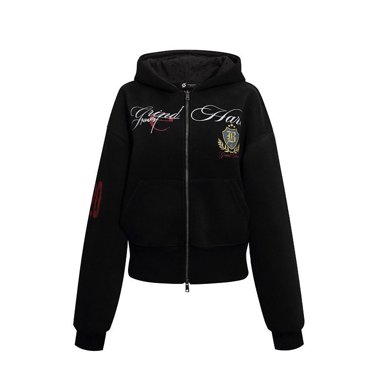 Damen Kurz geschnittene Zip-Hoodie aus French Terry mit gepunkteter Kapuzenfütterung und Wappen-Stick Echoarchiv