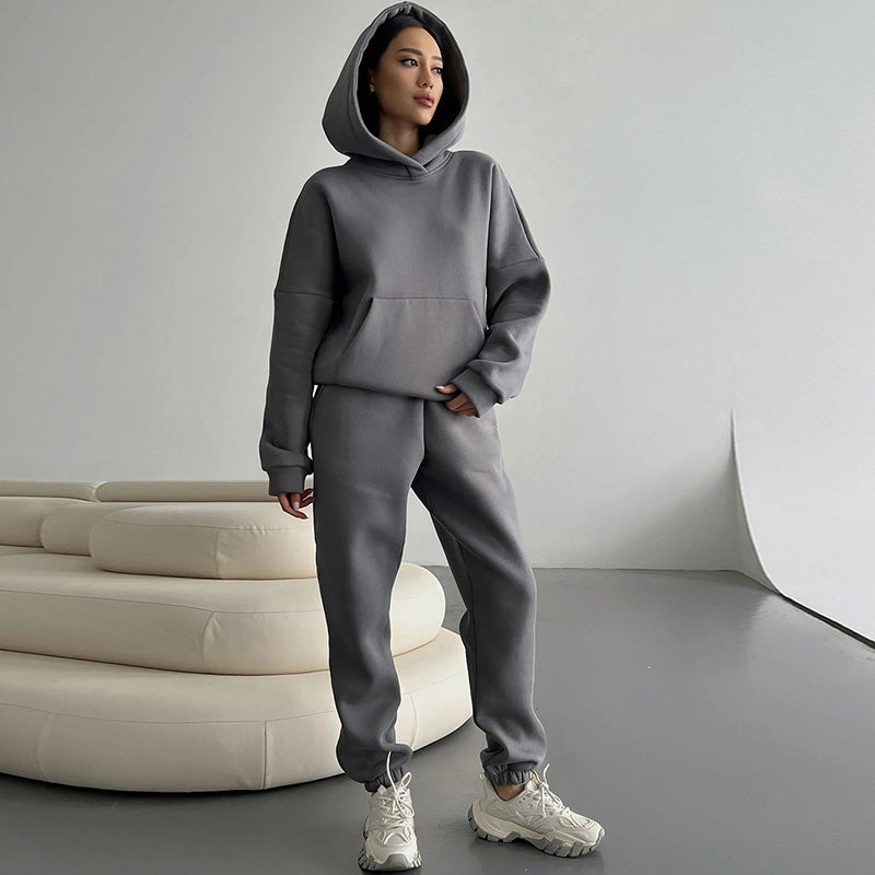 Damen nan zweiteiliges Komfort-Loungewear-Set mit oversized Kapuzenpullover, Kängurutasche und elastischem Knöchel-Jogger aus French Terry Echo Archiv