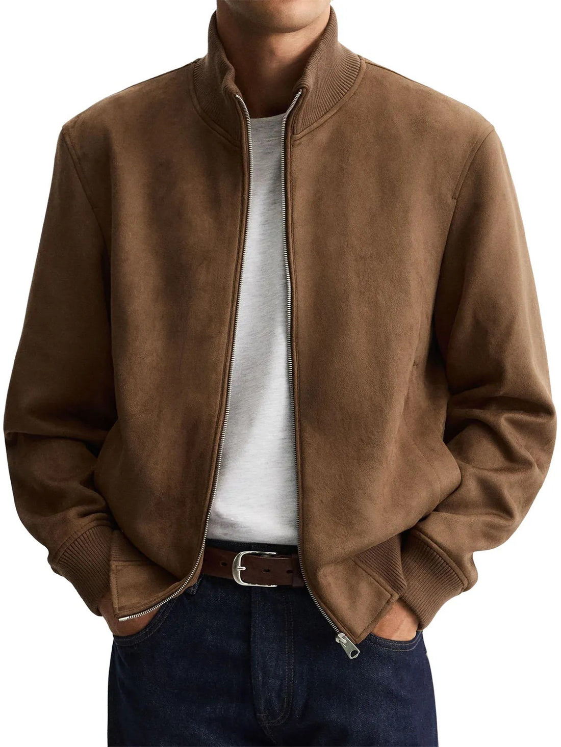 Herren stilvolle Wildlederjacke mit hohem Kragen und praktischen Taschen – Taviero