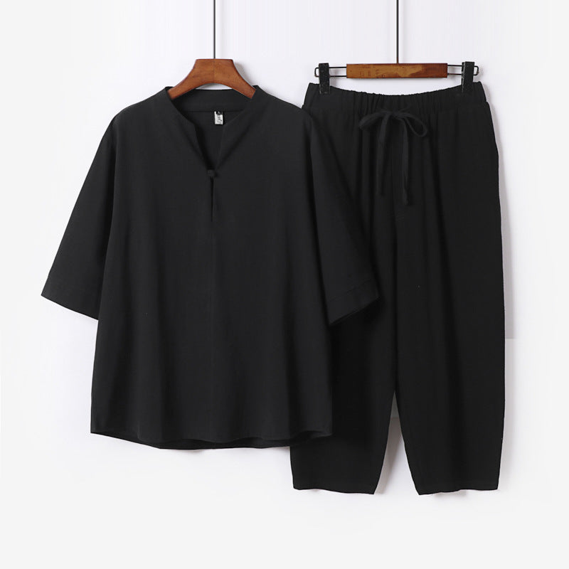 Damen Leichtes Leinen-Baumwoll-Loungewear-Set mit Stehkragen, Dreiviertelärmeln und Gummizugbundhose Echoarchiv