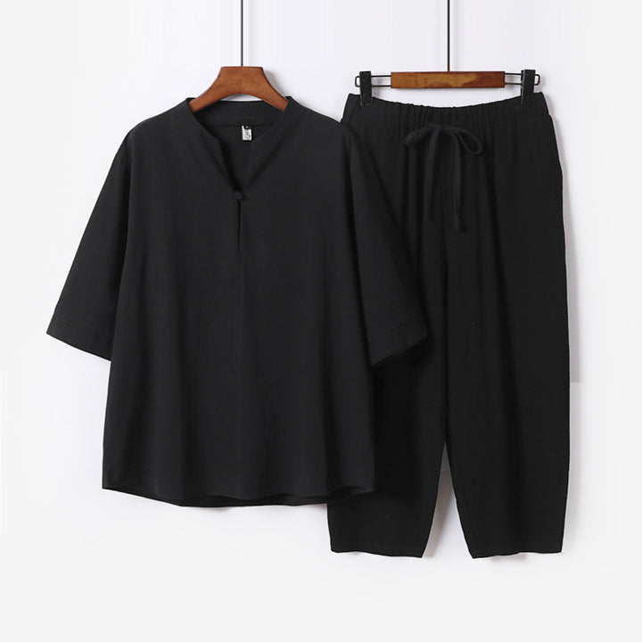 Damen Leichtes Leinen-Baumwoll-Loungewear-Set mit Stehkragen, Dreiviertelärmeln und Gummizugbundhose Echoarchiv