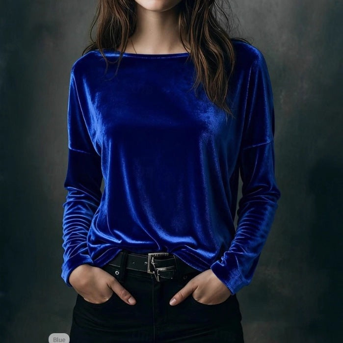 Damen Feines Velours-Langarmshirt mit U-Boot-Ausschnitt und kastiger Silhouette Echoarchiv