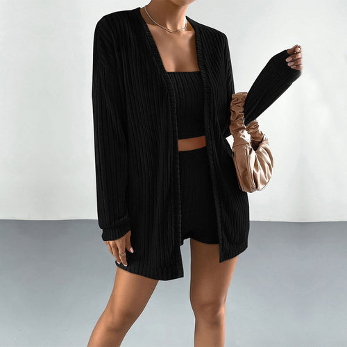 Damen gerippter Lounge-Zweiteiler mit offenem Longcardigan, tailliertem Bustier-Top und High‑Waist-Shorts – Élanora