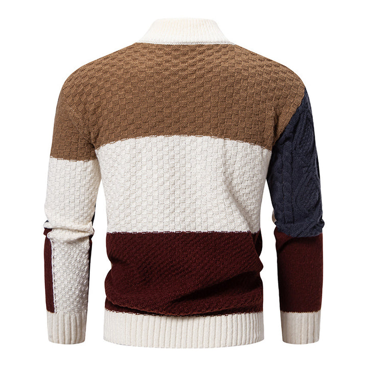 Herren nan strukturierter Patchwork-Strickpullover mit hohem Stehkragen und kombinierten Strickmustern Echo Archiv