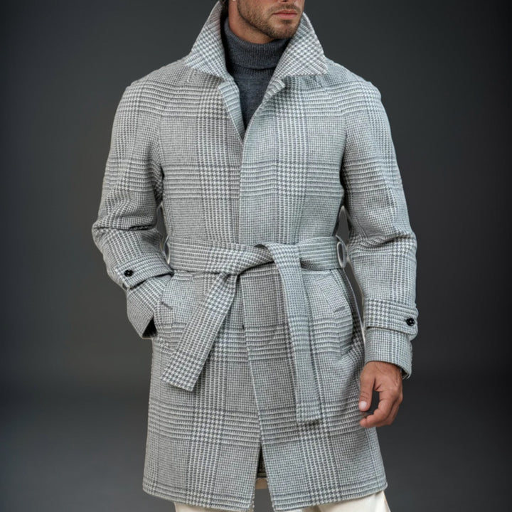 Herren eleganter Karomantel mit Taillengürtel Echoarchiv