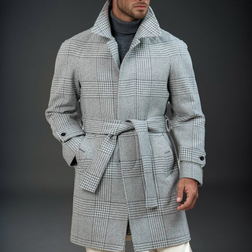 Herren eleganter Karomantel mit Taillengürtel Echoarchiv
