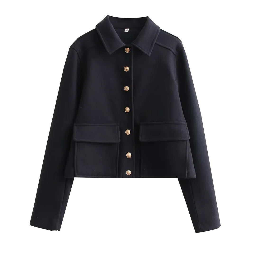 Damen kurzer Wollmix Overshirt mit aufgesetzten Klappentaschen und Zierknopfleiste – Célinea