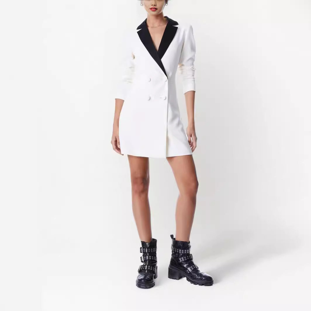 Damen Zweireihiges Blazerkleid-Minikleid mit Kontrast-Schalkragen Echoarchiv