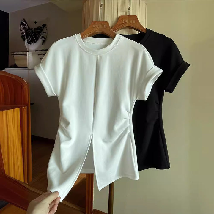 Damen Kurzärmeliges Strukturjersey-Shirt mit Taillenraffungen und Frontschlitz Echo Archiv