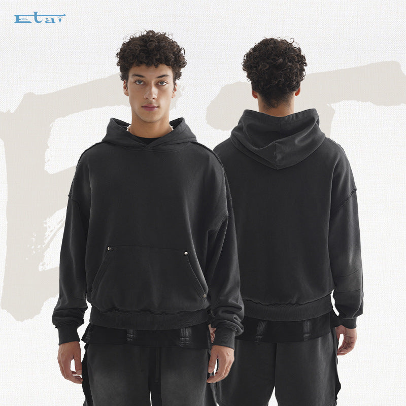 Unisex Oversized Kapuzenpullover mit ausgefranstem Saum, Kängurutasche und verwaschenem Bleicheffekt Echo Archiv