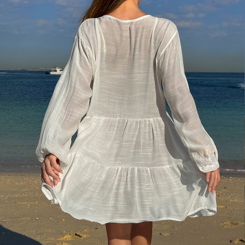 Damen luftiges Strandkleid mit Spitzenbesatz und Wasserfall-Saum Echo Archiv