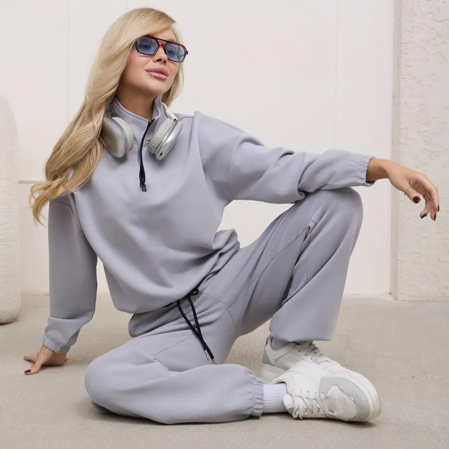Damen weiches Lounge-Set mit halbem Reißverschluss, Kordelzughose und elastischen Bündchen – Avérine