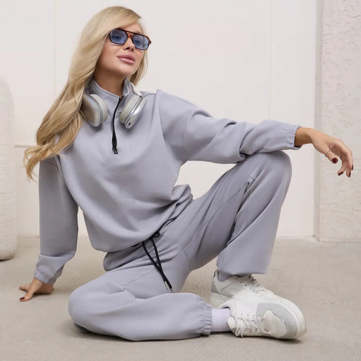 Damen weiches Lounge-Set mit halbem Reißverschluss, Kordelzughose und elastischen Bündchen – Avérine