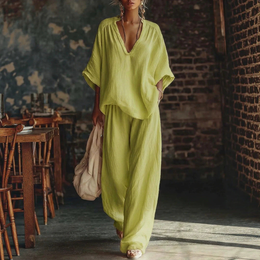 Damen nan lässiges zweiteiliges Leinenoptik-Set mit tiefem V-Ausschnitt, Oversize-Bluse und weitem Palazzo-Hosen Echo Archiv