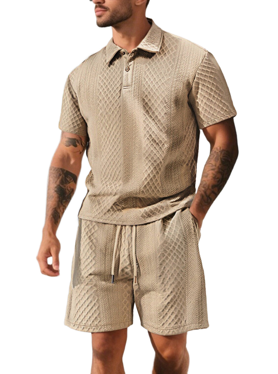 Herren nan strukturiertes Poloshirt- und Bermudashorts-Set aus gesteppter Baumwollmischung Echo Archiv