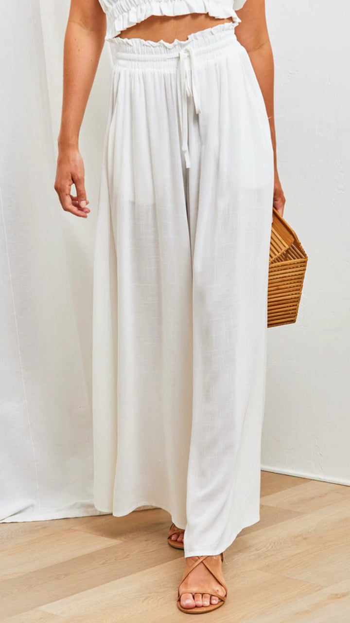 Frauen Hohe Taille Rüschen Elastischer Bund Weite Bein Strand Palazzo Hose mit Zugband und Seitentaschen – Avélisse